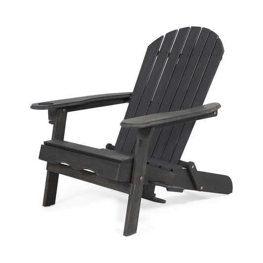 Outdoor Foldable Adirondack Chair With Two Cup Holders For Patio Weather Resistant 30.25 In L Dark Grey