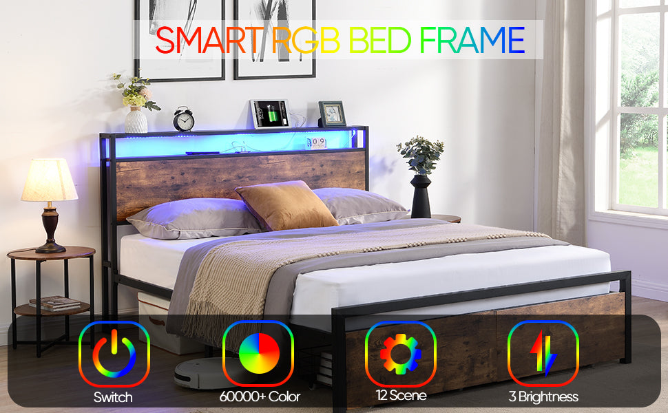 Modern Queen Bed Frame with LED Headboard, Integrated Charging Station & Storage Drawers – Sturdy Metal Platform, No Box Spring Required