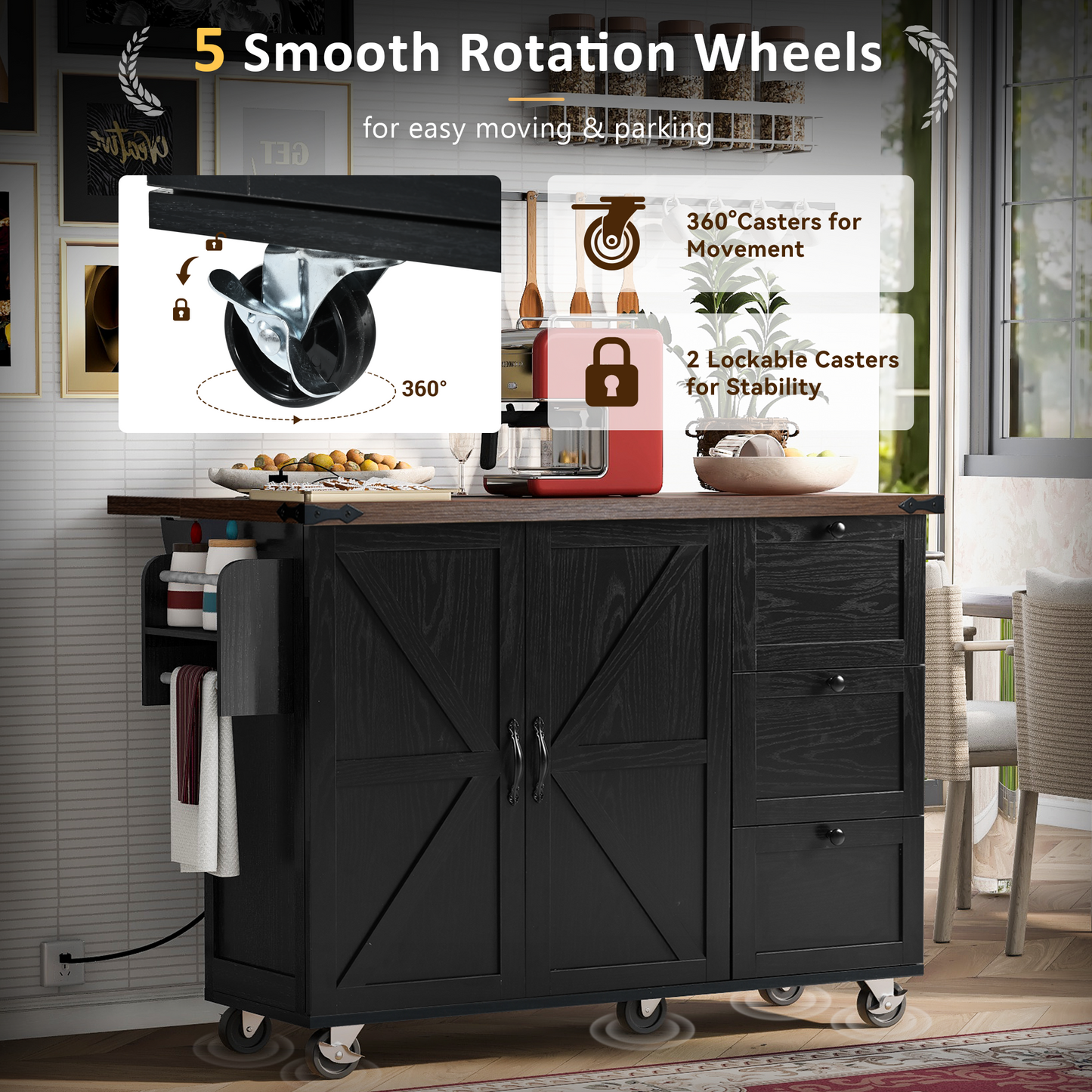 54.5" Rustic Farmhouse Kitchen Island with Power Outlet, Internal Storage, Drop Leaf, and Rolling Wheels for Home and Dining Room - Black