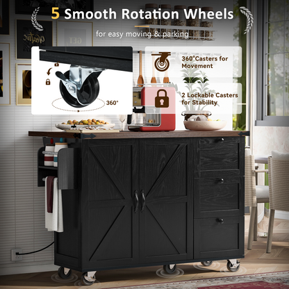 54.5" Rustic Farmhouse Kitchen Island with Power Outlet, Internal Storage, Drop Leaf, and Rolling Wheels for Home and Dining Room - Black