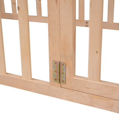 Natural Twin Size Wooden Floor Bed Frame with Playful Fence and Door