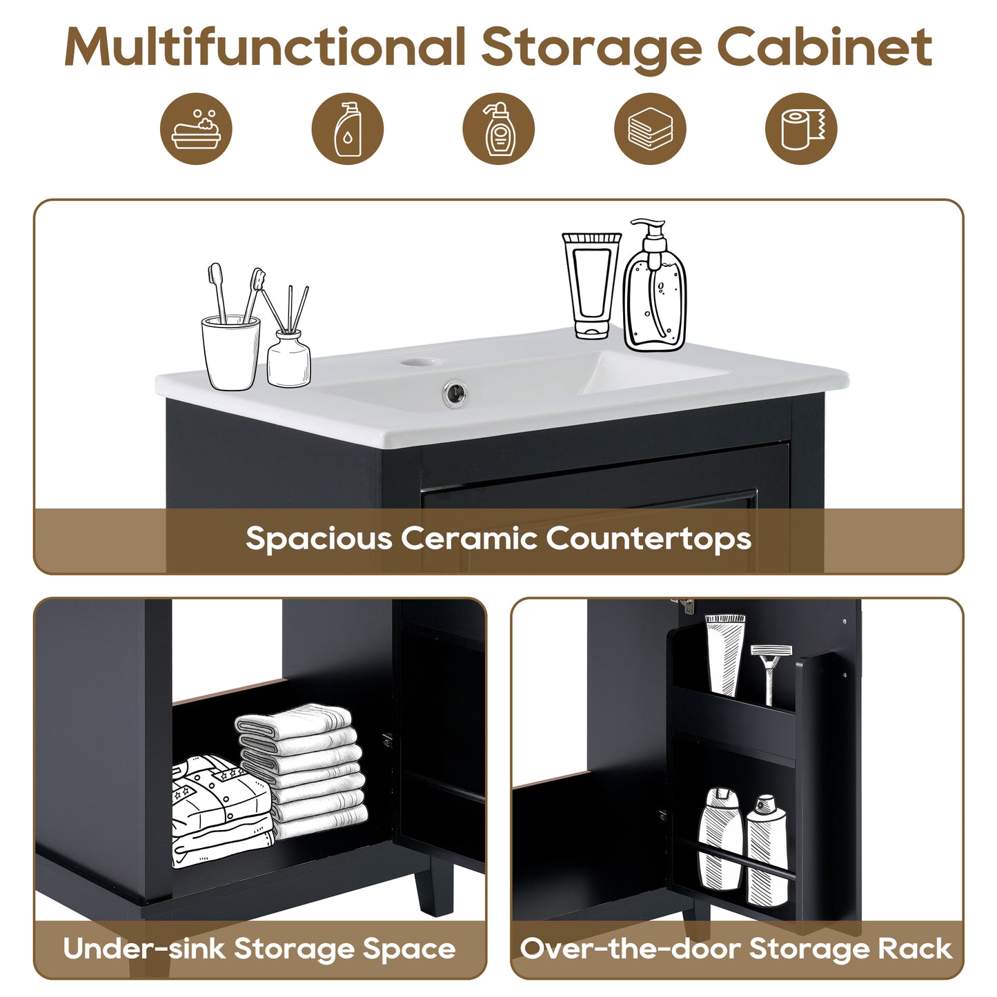 Compact 20-Inch Black Bathroom Vanity Cabinet with Ceramic Sink - Modern Design, Ample Storage, Soft-Close Door