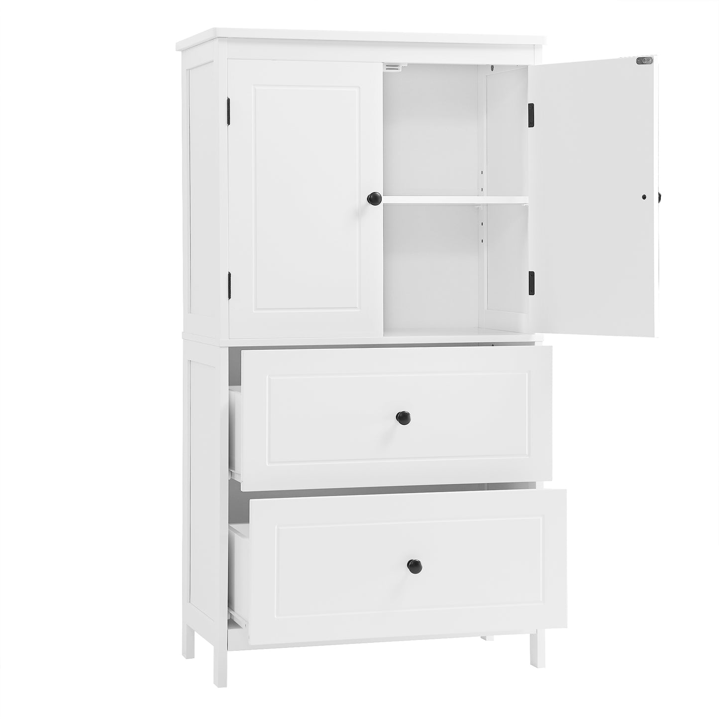 White MDF Bathroom Storage Cabinet with Adjustable Shelves, Two Doors, and Drawers