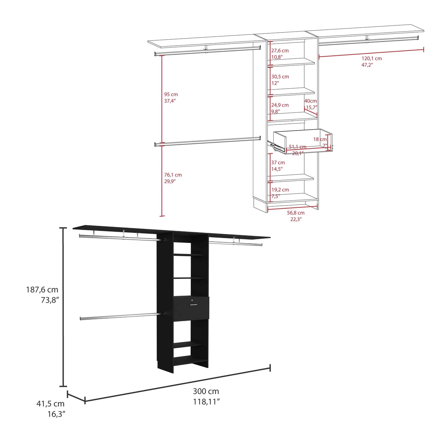 Plego Adjustable Black Closet System with Drawers, Hanging Rods, and Shelves - 70"W to 118"W