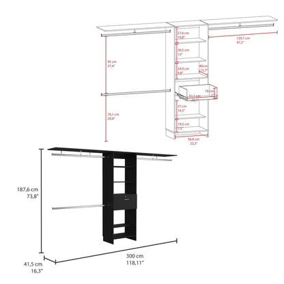 Plego Adjustable Black Closet System with Drawers, Hanging Rods, and Shelves - 70"W to 118"W