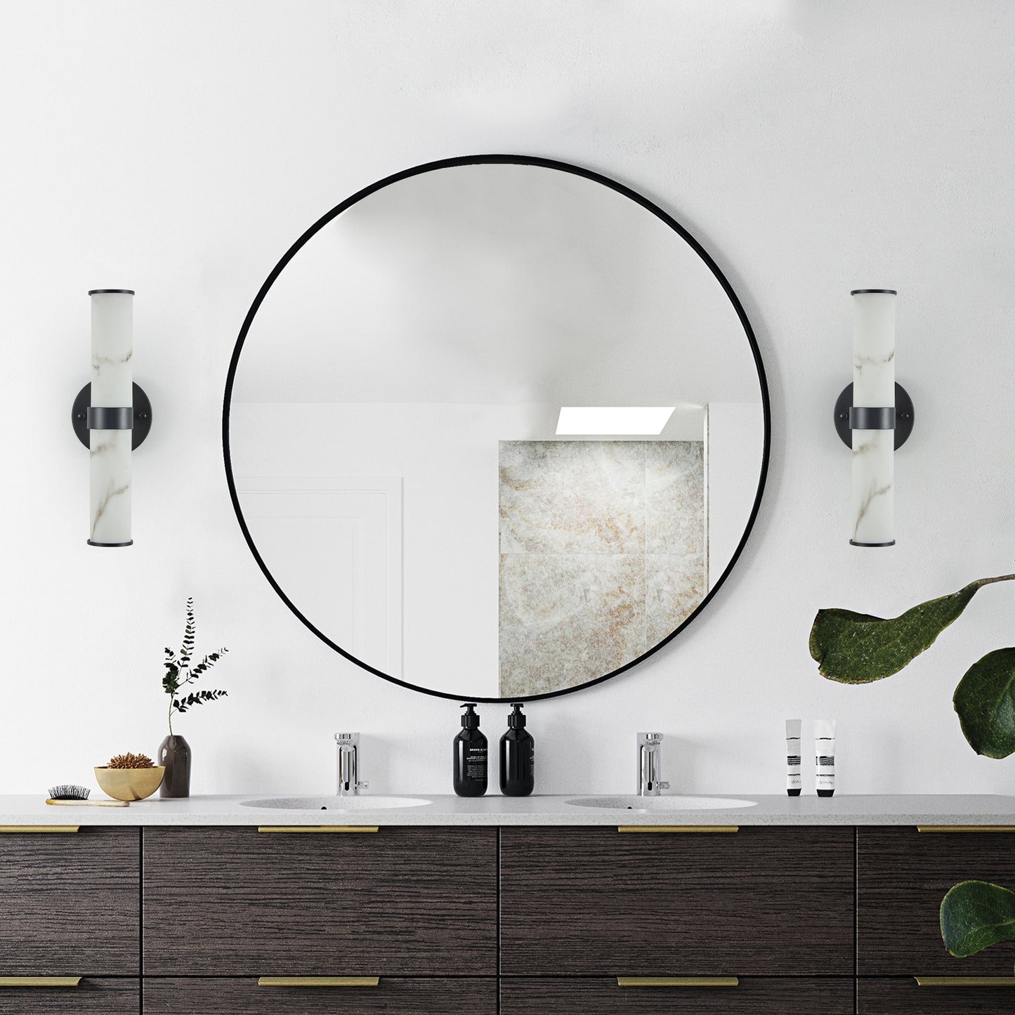 2-Pack Faux Marble Resin Wall Sconces – Indoor Hallway, Bathroom, Bedroom Lighting, Black Iron Finish