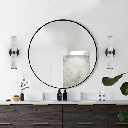 2-Pack Faux Marble Resin Wall Sconces – Indoor Hallway, Bathroom, Bedroom Lighting, Black Iron Finish