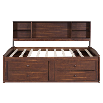 Elegant Antique Brown Full Size Wooden Captain Bed with Ample Storage and Built-in Shelves