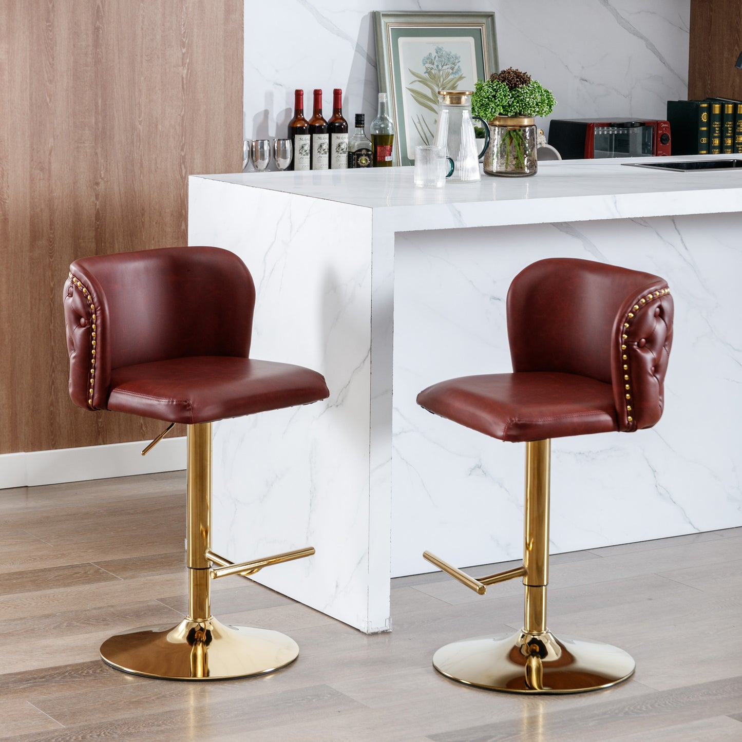 Swivel Barstools Adjustable PU Upholstered Wine Red 2 Pack