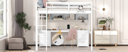White Full Size Loft Bed with Integrated Desk, Storage Drawers, Bedside Tray, and Charging Station