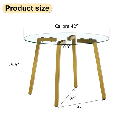 Modern minimalist style circular transparent tempered glass table, tempered glass tabletop, golden metal legs, suitable for kitchen, dining room, and living room, 42 "* 42" * 29.5 "1123r