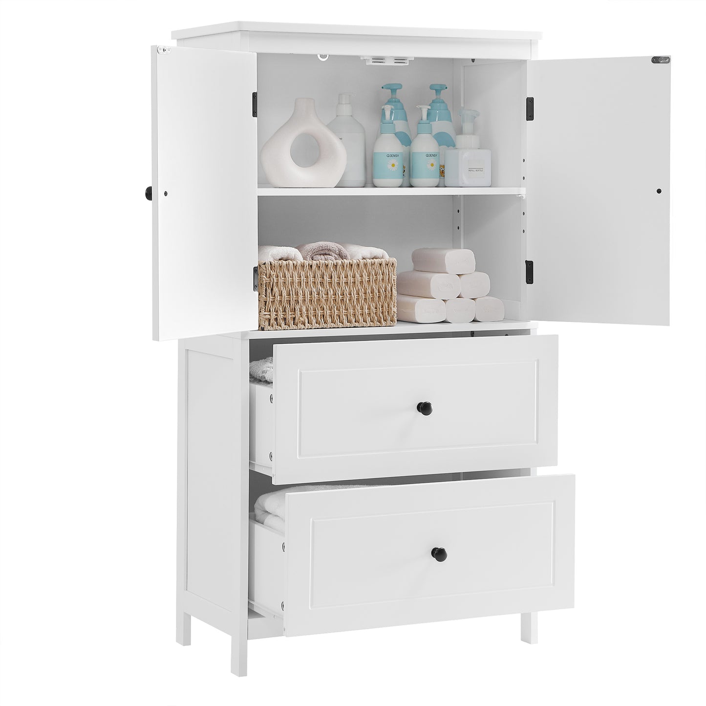 White MDF Bathroom Storage Cabinet with Adjustable Shelves, Two Doors, and Drawers