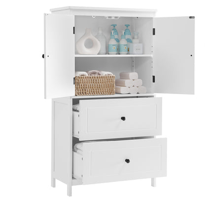 White MDF Bathroom Storage Cabinet with Adjustable Shelves, Two Doors, and Drawers