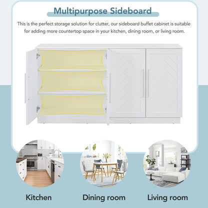 TREXM Sideboard with 4 Doors Large Storage Space Buffet Cabinet with Adjustable Shelves and Silver Handles for Kitchen, Dining Room, Living Room (White)