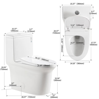 Elongated Comfort Height One-Piece Toilet with Quiet Dual-Flush System, CUPC & WaterSense Certified, White Ceramic, Soft Close Seat