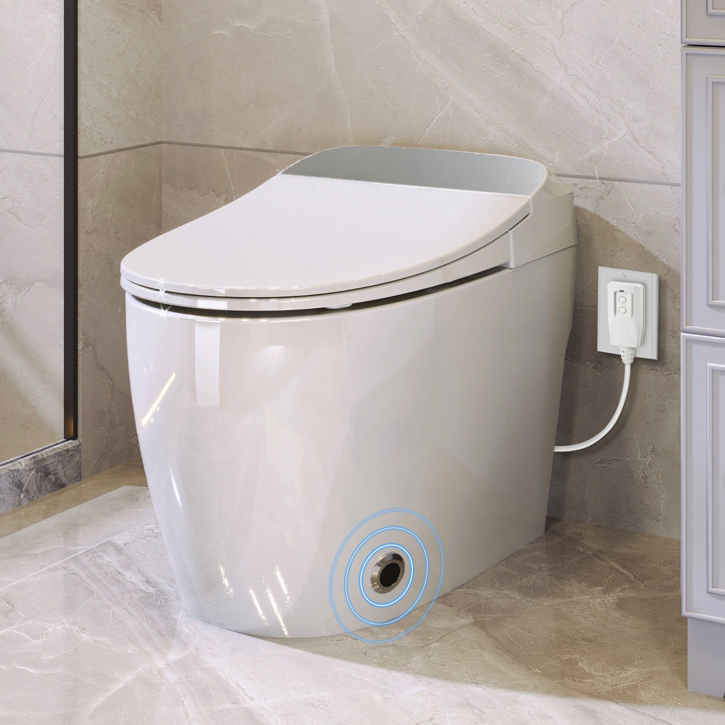 Smart Heated Comfort Toilet with Foot Sensor Flush, Night Light, and Power Outage Support - White Ceramic One-Piece Design