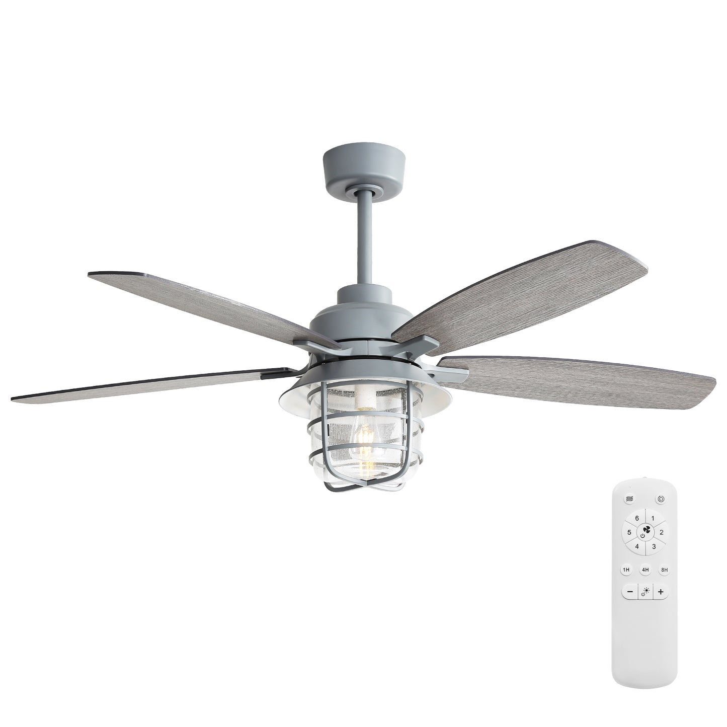 52-Inch Ceiling Fan with E26 Light, Remote, 6-Speed DC Motor, Wood-Grain Blades, 3 Rods, Cement Grey