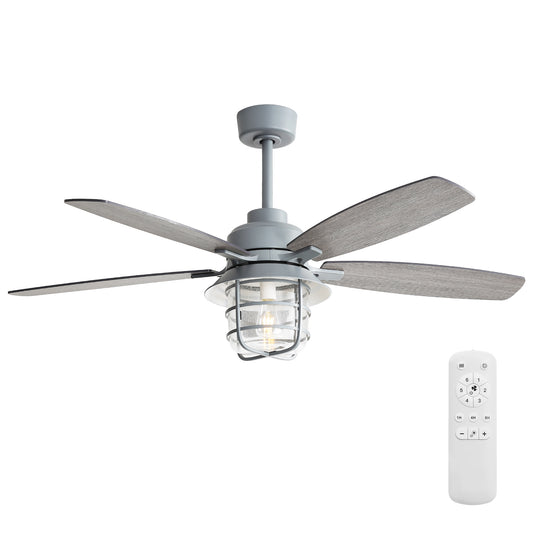 52-Inch Ceiling Fan with E26 Light, Remote, 6-Speed DC Motor, Wood-Grain Blades, 3 Rods, Cement Grey