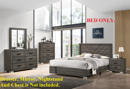 Stylish Grey Wooden Queen Bed with Unique Headboard Design