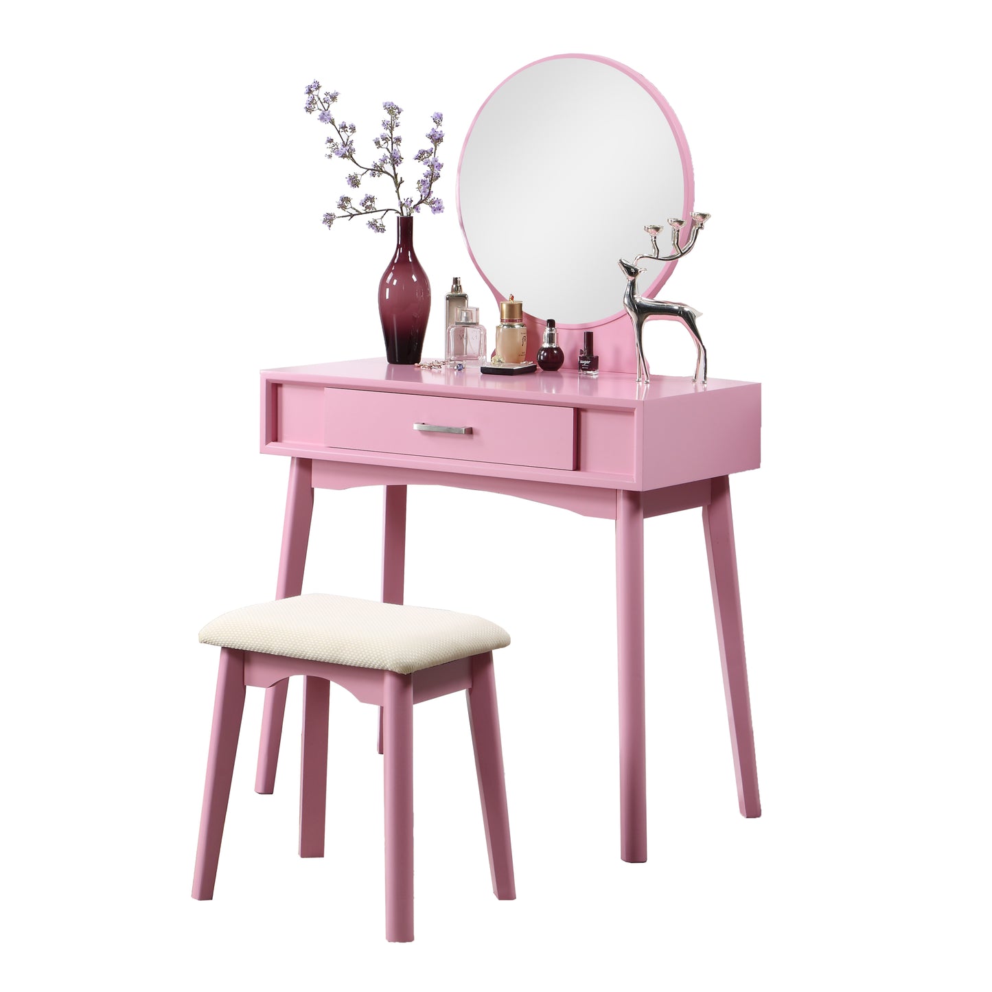 Contemporary Wood Vanity and Stool Set with Storage Drawers, Makeup Table for Bedroom, 2-Piece Pink
