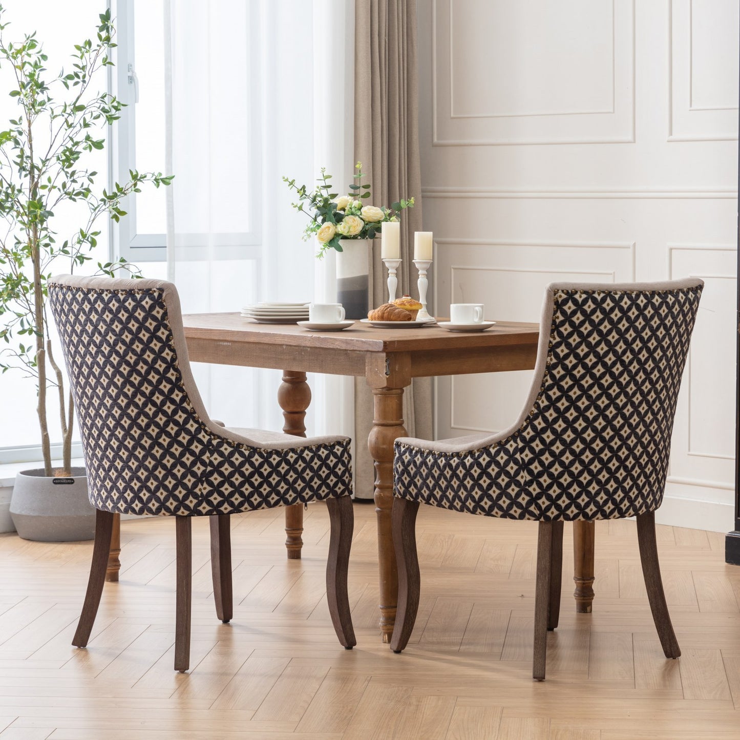 A&A Furniture, Ultra Side Dining Chair, Thickened fabric chairs with neutrally toned solid wood legs, Bronze nail head, Set of 2, Beige and Patterned,SW2207BG