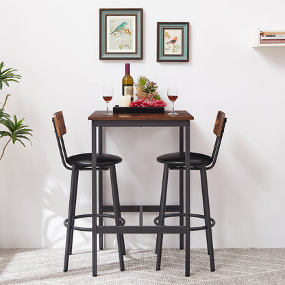 Rustic Brown Bar Table Set With 2 Stools PU Upholstered