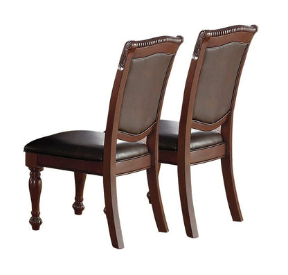 Formal Dining Side Chairs, Set of 2, Rubberwood with Wood Veneer, PU Upholstered Seats, Carved Dark Brown