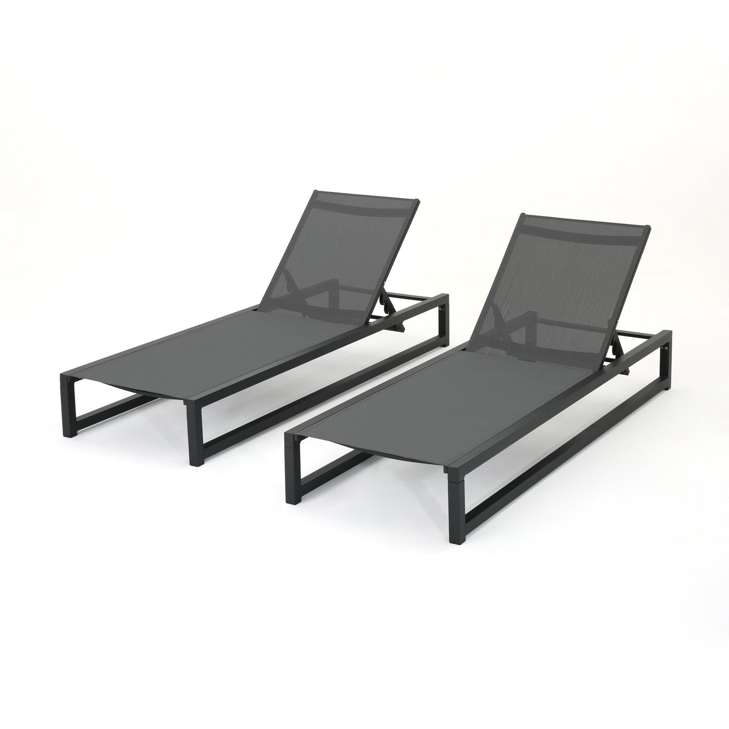 Outdoor Chaise Lounge Set Of 2 With Reclining Positions 77 Inch Long And 26.5 Wide Patio Chairs Black Frame Grey Mesh