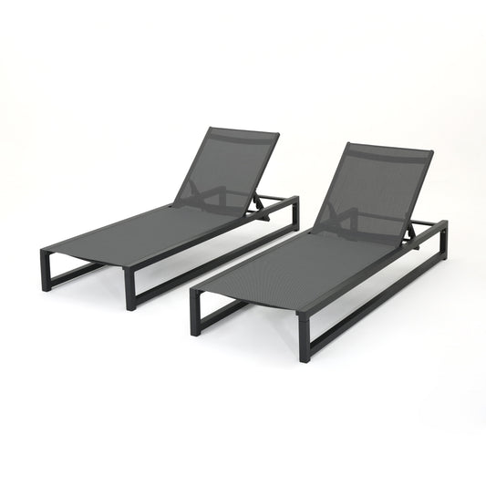 Outdoor Chaise Lounge Set Of 2 With Reclining Positions 77 Inch Long And 26.5 Wide Patio Chairs Black Frame Grey Mesh