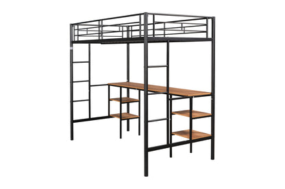 Twin Loft Bed with Integrated Desk & Storage Shelves - Sturdy Metal Construction, Noise Reduction Features, Safety Guardrails, and Dual Side Ladders - No Box Spring Required