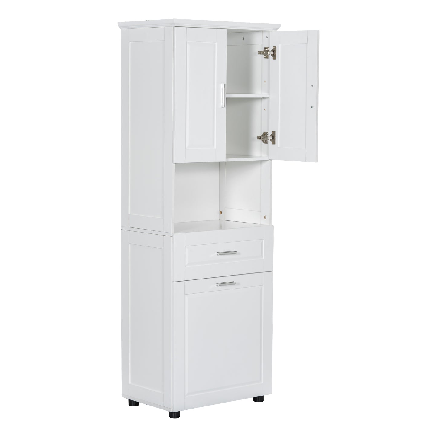 White Tall Storage Cabinet with Tilt-Out Laundry Hamper and Upper Shelves
