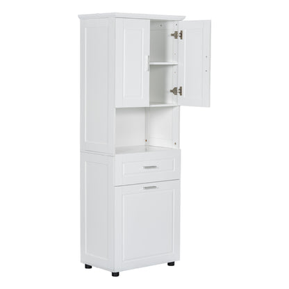 White Tall Storage Cabinet with Tilt-Out Laundry Hamper and Upper Shelves