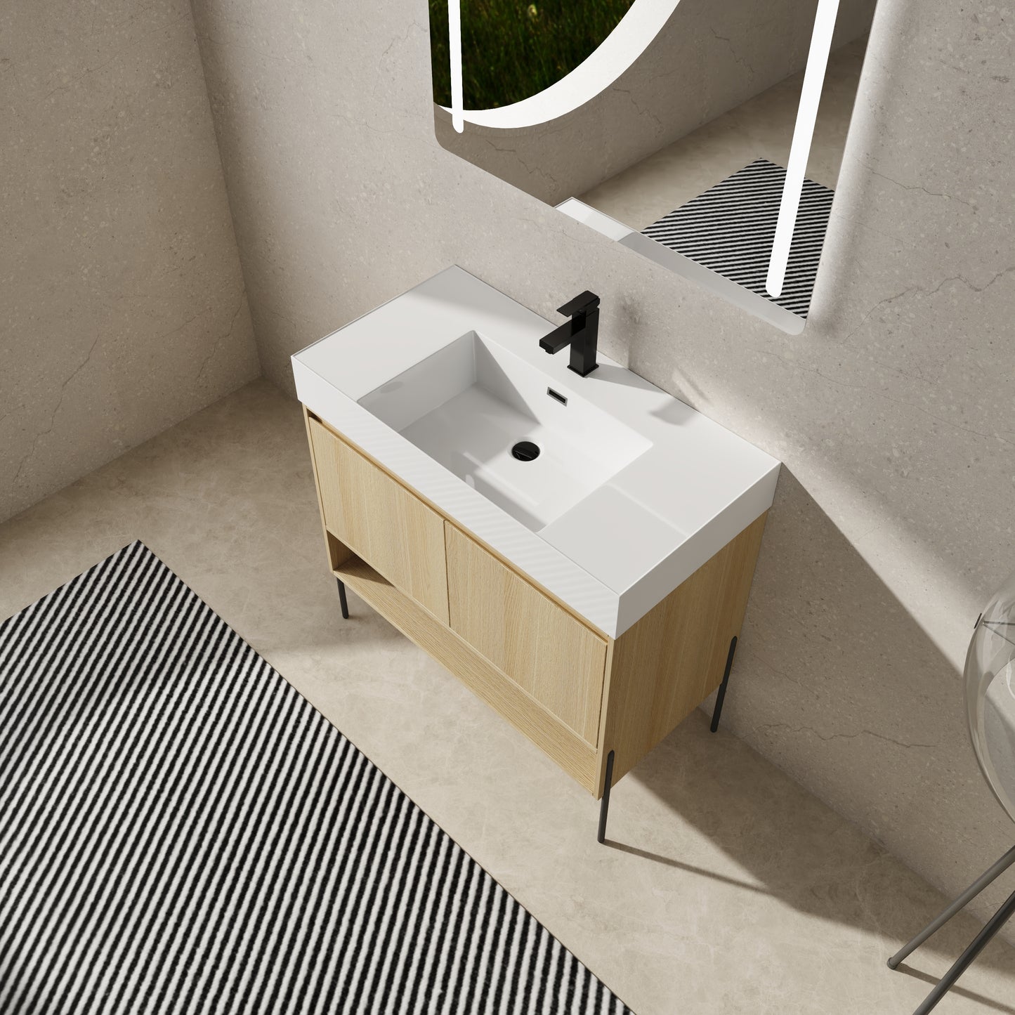 36" Modern Oak Bathroom Vanity Set with Easy-Clean Resin Sink and Multi-Layer Solid Wood Cabinet