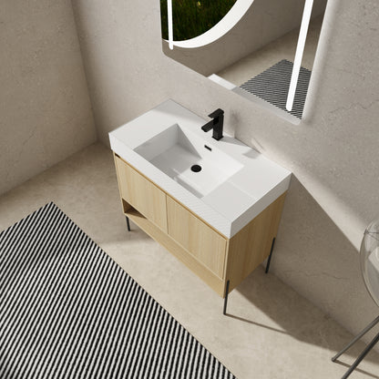 36" Modern Oak Bathroom Vanity Set with Easy-Clean Resin Sink and Multi-Layer Solid Wood Cabinet