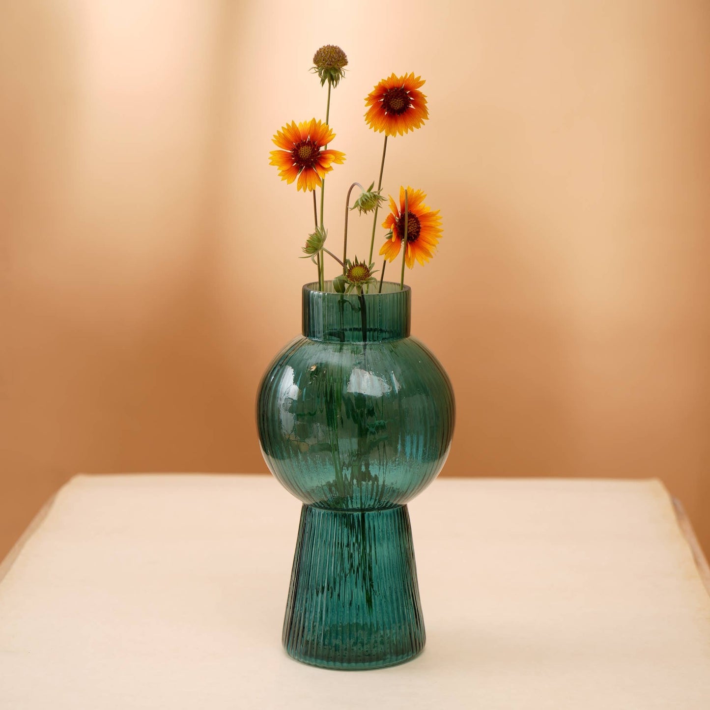 Mouth-Blown Glass Funnel Vase, Small 5 x 10 Inch Centerpiece for Floral Arrangements, Home & Office Decor Teal