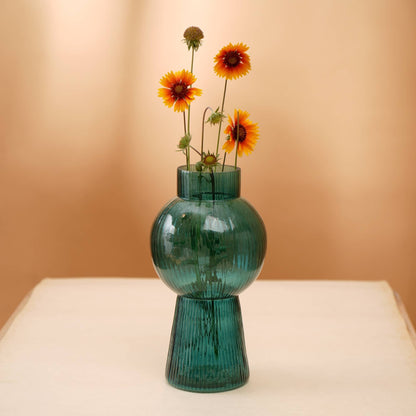 Mouth-Blown Glass Funnel Vase, Small 5 x 10 Inch Centerpiece for Floral Arrangements, Home & Office Decor Teal