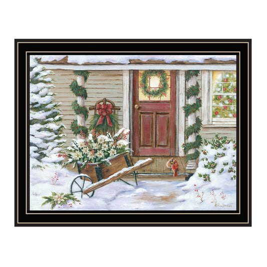 Framed Holiday Porch Wall Art - Farmhouse Style Print, 14 x 18 in, Wood & Paper, Home Decor Multicolor