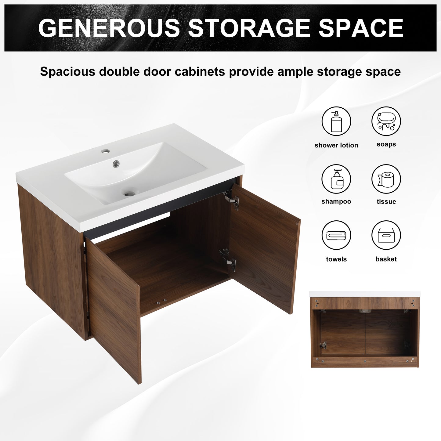 30-Inch LEVISTAR Brown Engineered Wood Bathroom Vanity with Resin Sink and Dual Door Storage Cabinet