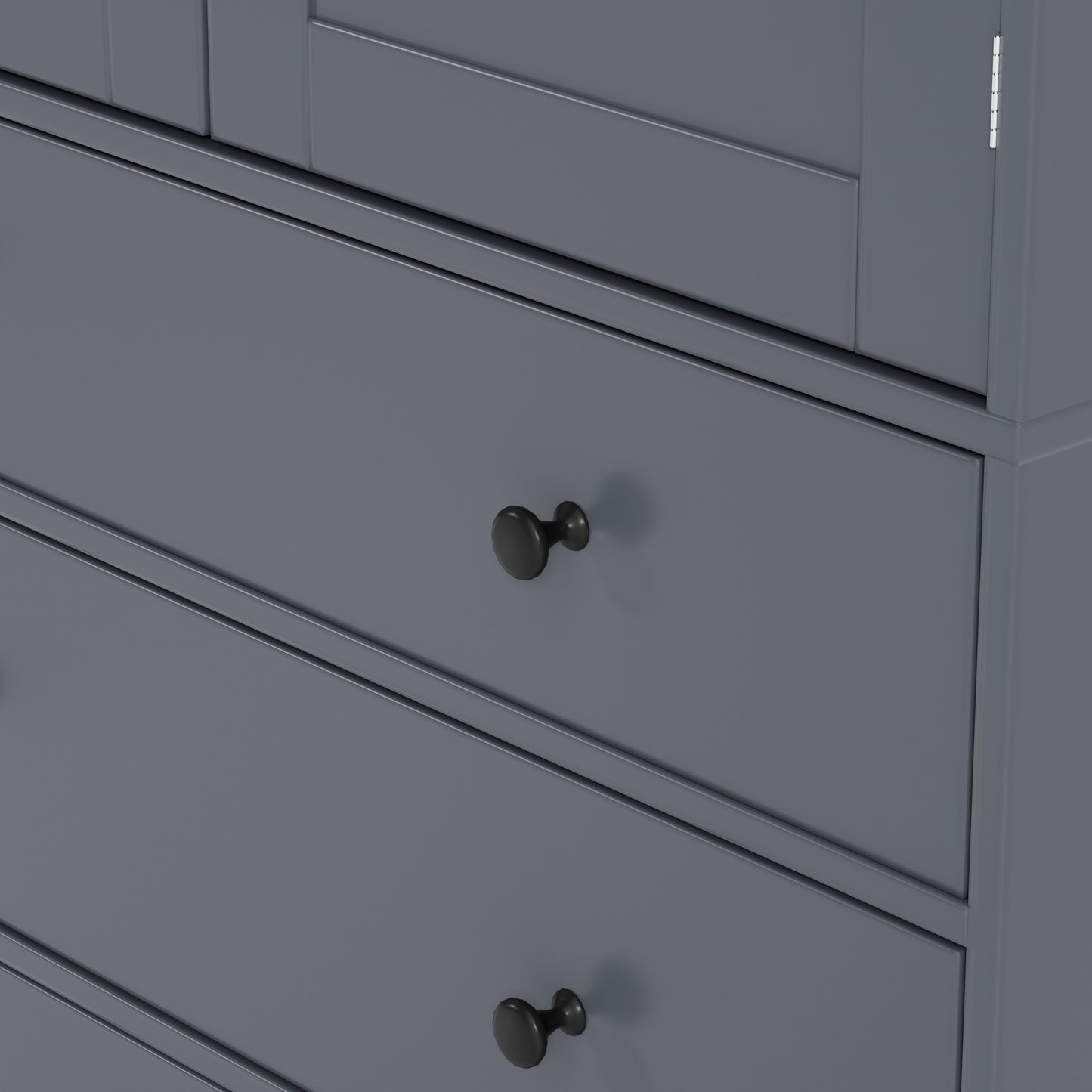 Tall Gray Farmhouse Kitchen Pantry Cabinet with Adjustable Shelves, Drawers, and Door Storage Solutions