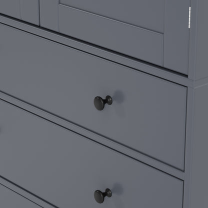 Tall Gray Farmhouse Kitchen Pantry Cabinet with Adjustable Shelves, Drawers, and Door Storage Solutions