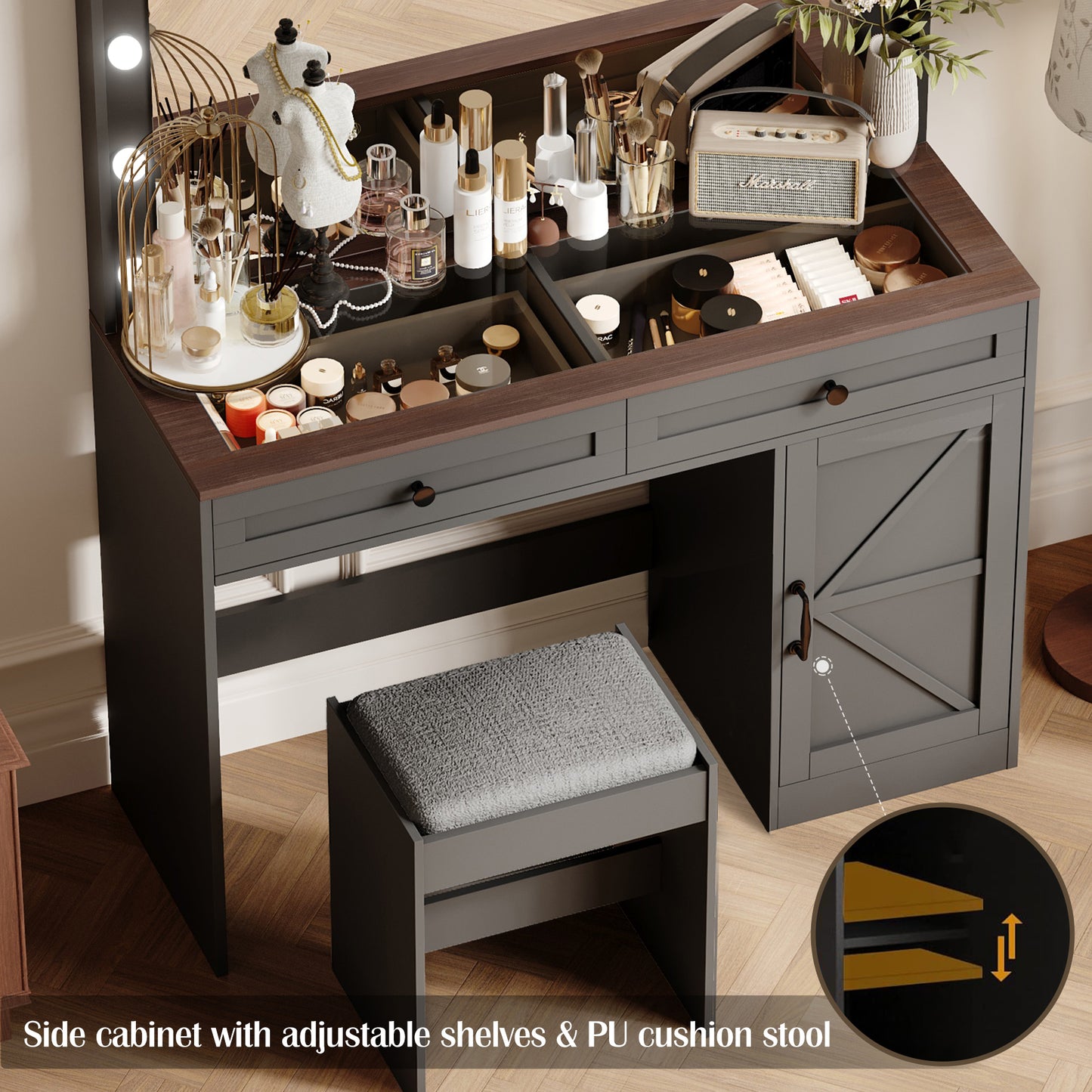 43.4-Inch Makeup Vanity Table with Mirror and 11 LED Lights, 3-Drawer Desk, Adjustable Brightness, Black