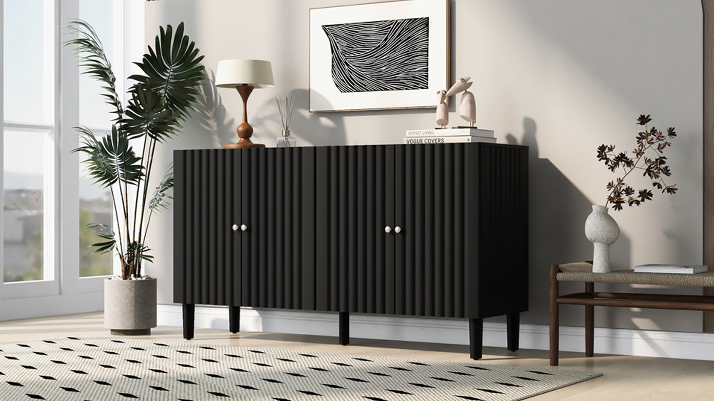 U_STYLE Elegant Four-Door Sideboard with Wavy Pattern Doors, Cylindrical Legs, and Sleek Metal Handles, Adjustable, Suitable for Study, Entryway and Living Room
