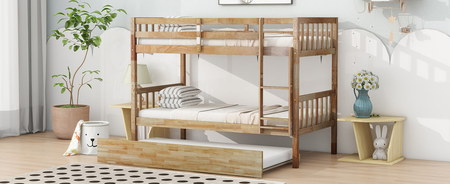 Convertible Twin Over Twin Bunk Bed with Trundle, Rubber Wood Design, Ladder & Safety Guardrails, Natural Finish
