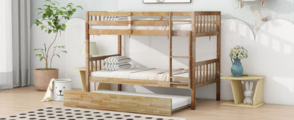 Convertible Twin Over Twin Bunk Bed with Trundle, Rubber Wood Design, Ladder & Safety Guardrails, Natural Finish