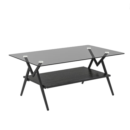 Rectangular Coffee Table with Tempered Glass Top, Black MDF Shelf, 38.6 x 22.8 x 17.3 in, Gray