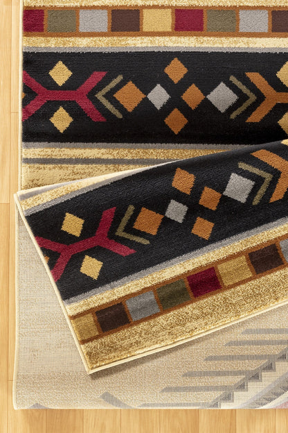 Southwest Area Rug, 5'3" x 7'3", Low-Pile Polypropylene, Jute Backing, Stain-Resistant, Kid Safe, Cream