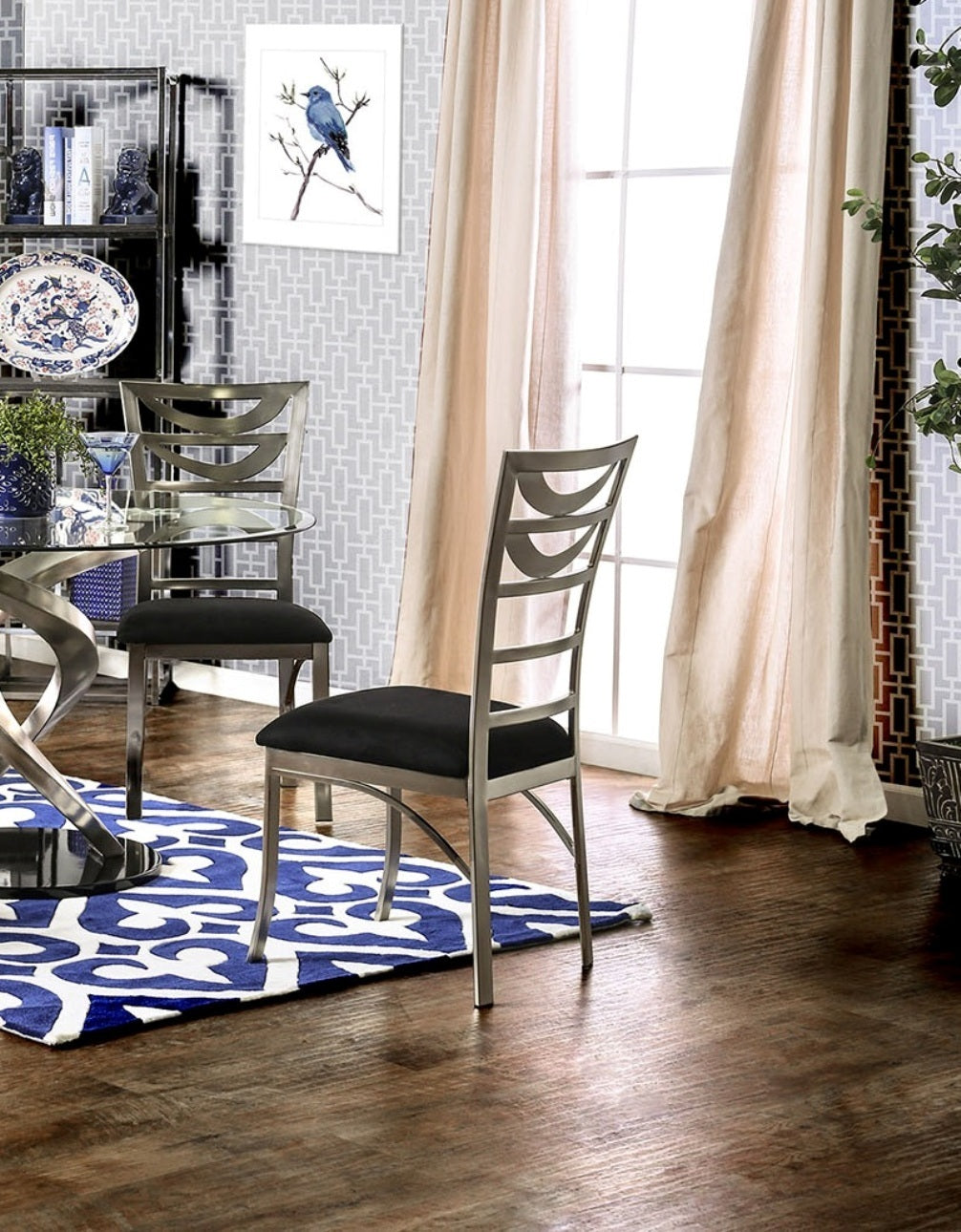 2-Piece Contemporary Metal Dining Chairs with Padded Microfiber Seats, Ladder-Back, Powder-Coated Black