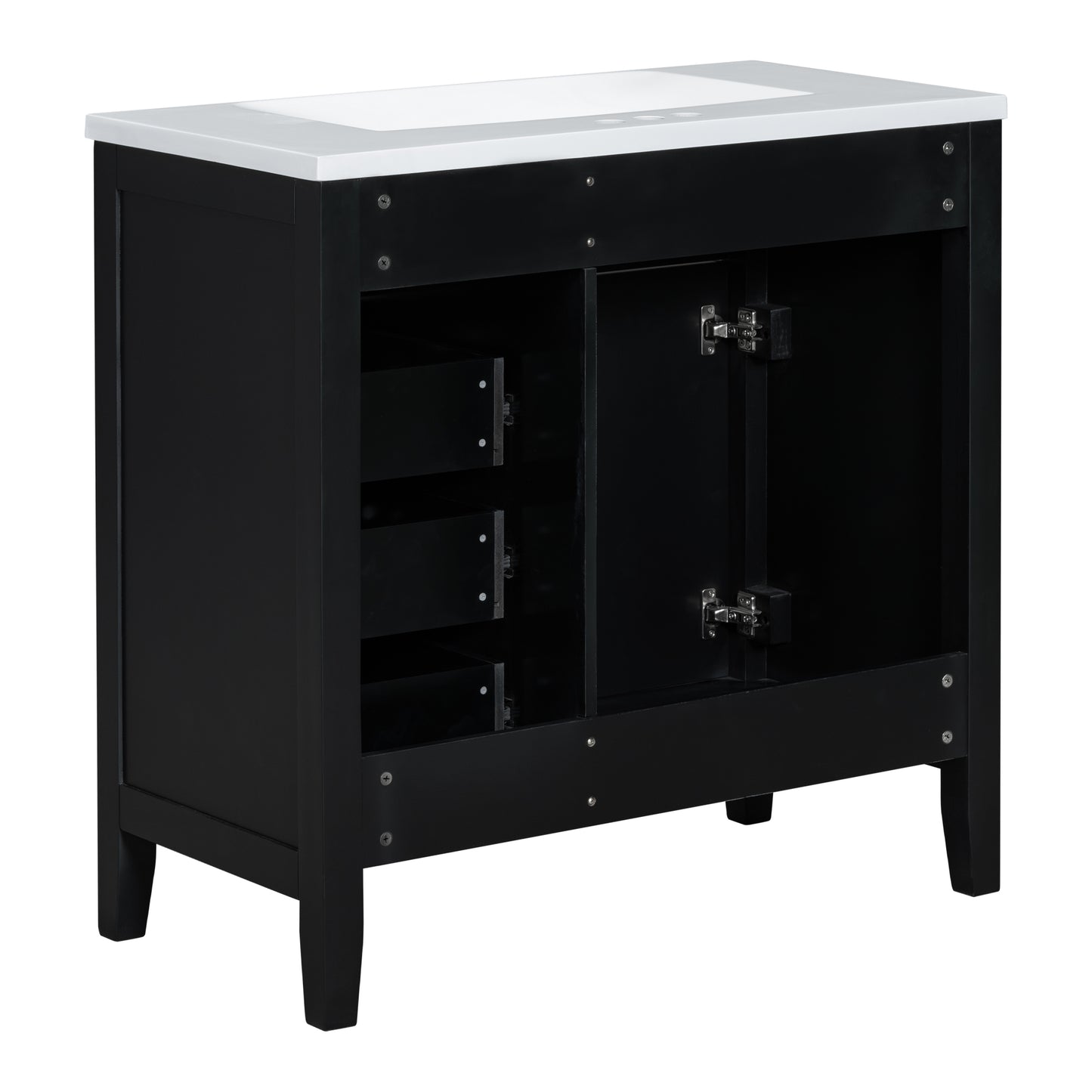 Stylish 36-Inch Black Bathroom Vanity with Integrated Sink, Durable MDF and Solid Wood Construction, Convenient Storage Drawers