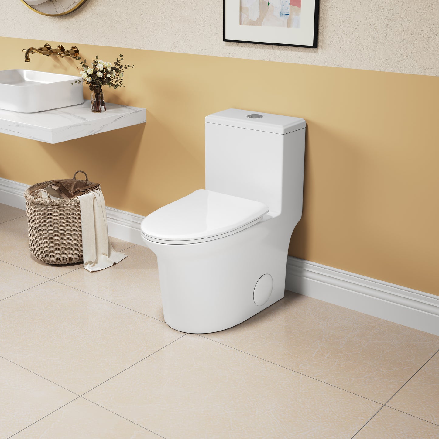 Elongated Comfort Height One-Piece Toilet with Quiet Dual-Flush System, CUPC & WaterSense Certified, White Ceramic, Soft Close Seat