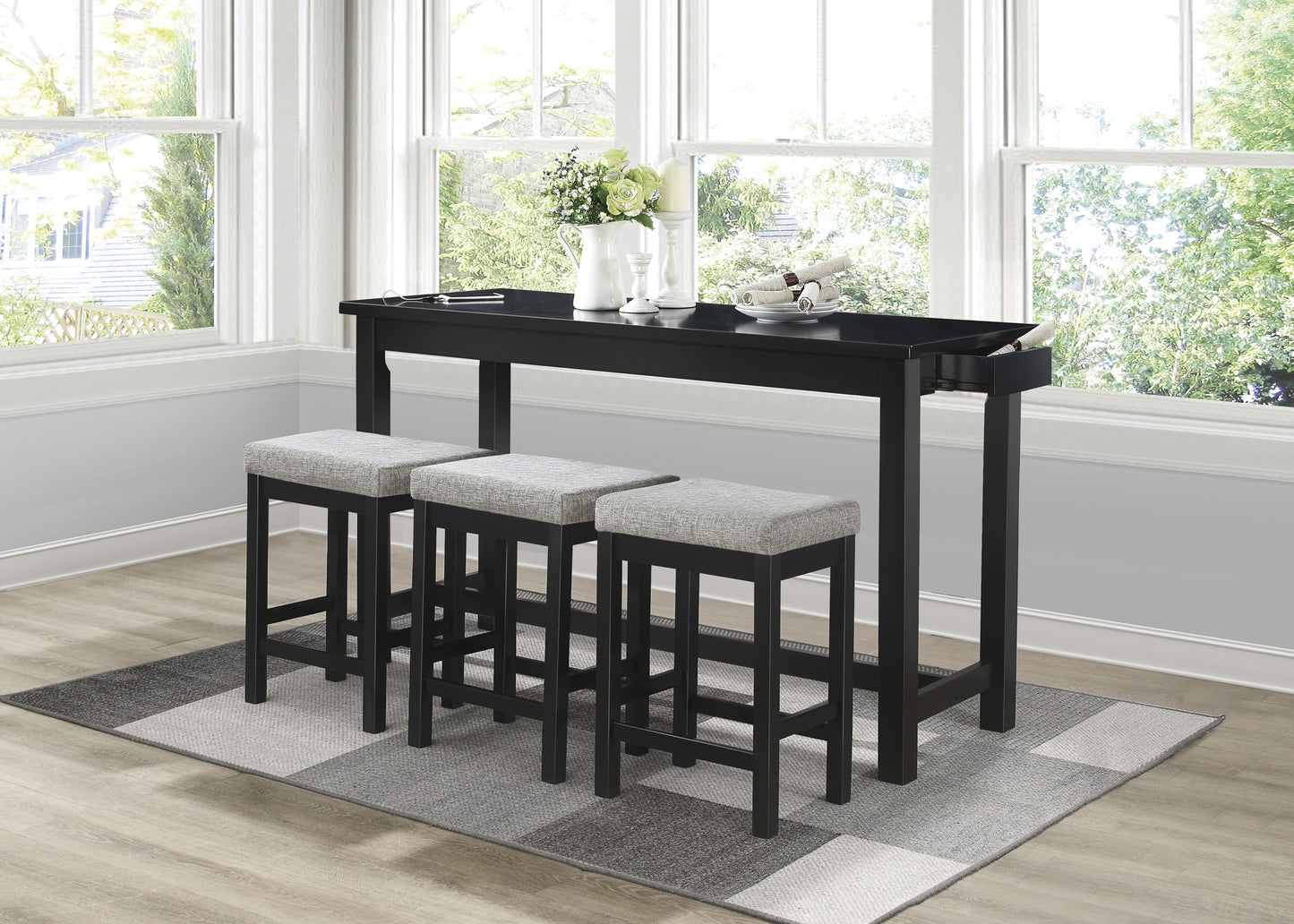 4-Piece Counter Height Dining Set with USB Ports, Drawer, Rect Table & 3 Stools, Durable Wood Black